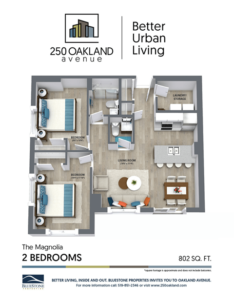 Floor plan for 2 beds, 1.5 baths, 802 sqft